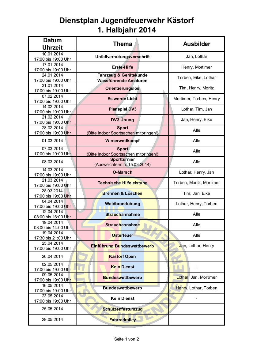 Dienstplan der Jugendfeuerwehr