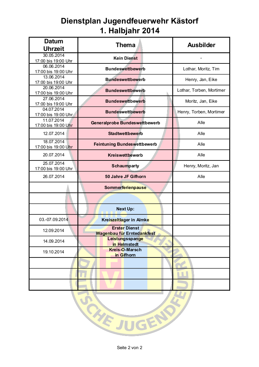 Dienstplan der Jugendfeuerwehr 1. Halbjahr 2014 Seite 2