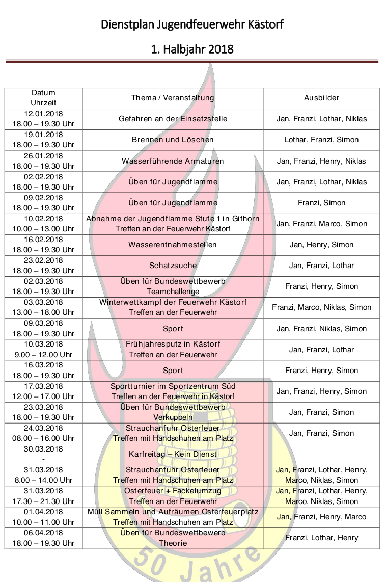 JF Dienstplan 1. Halbjahr 2018 1